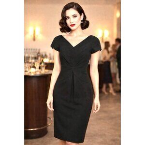 Vintage 1960 Classic Black Pencil Dress Fits A Size 6 Union Made V neck Cocktail